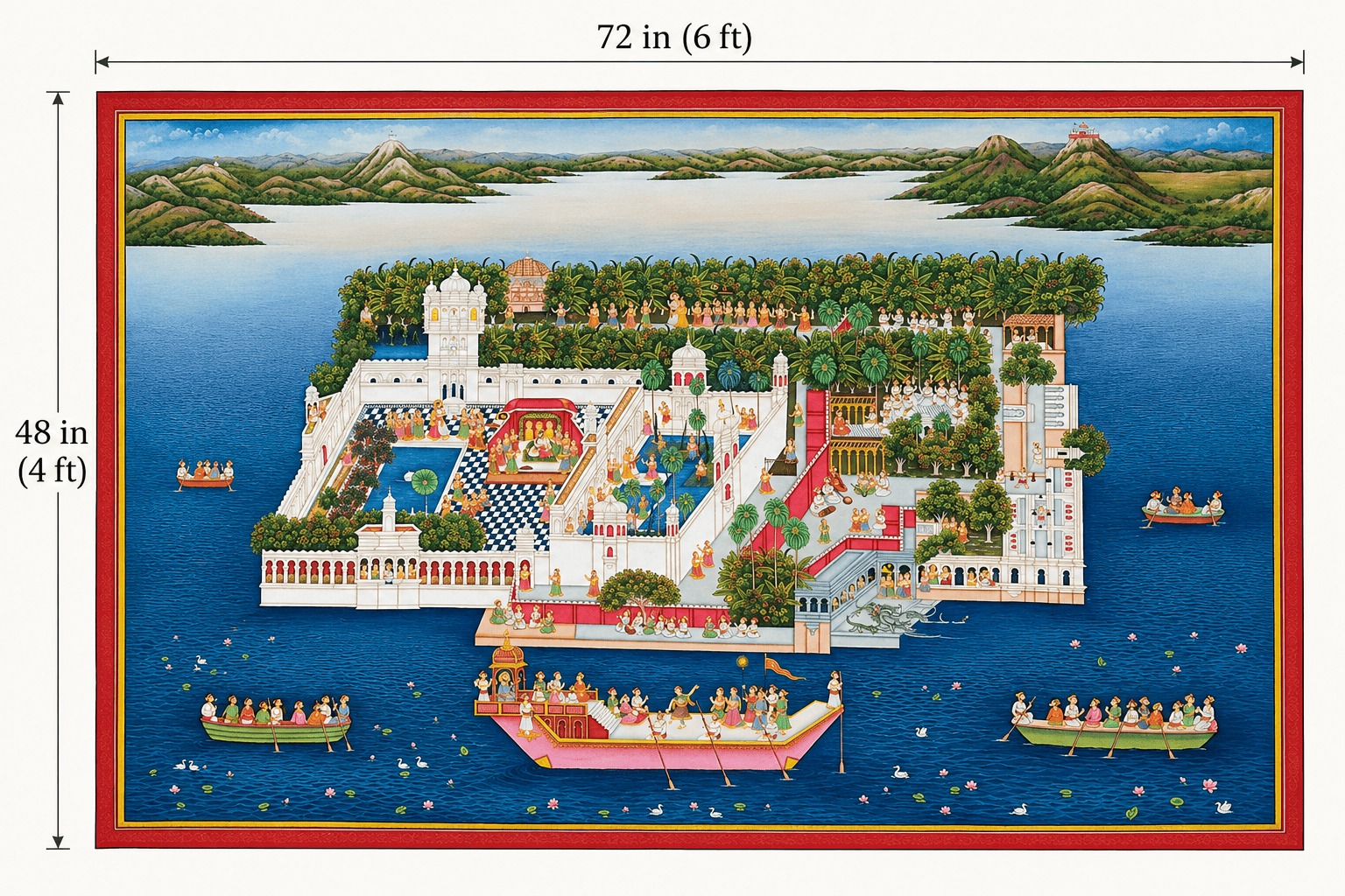 Jagmandir Island Udaipur Handmade Miniature Painting – 6x4 ft Rajasthani Art on Cotton Cloth